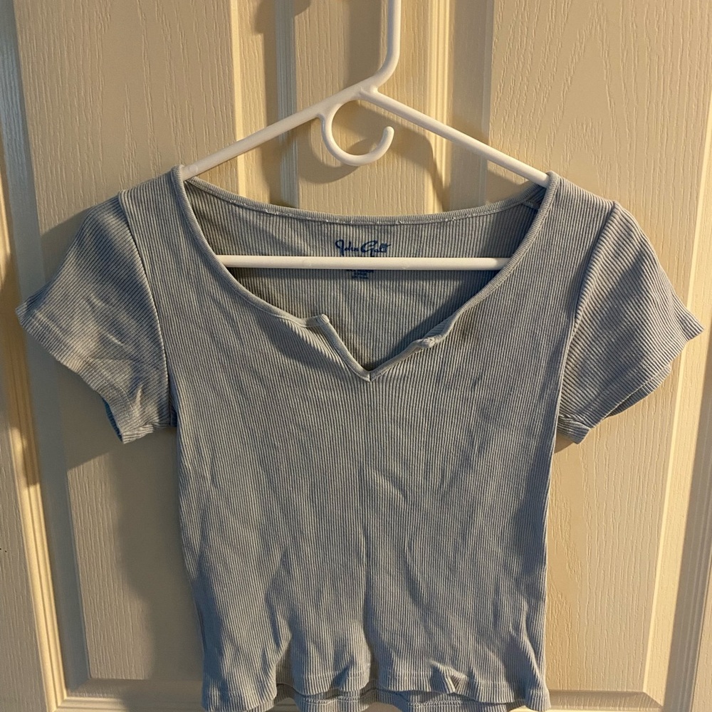 Baby Blue Ribbed V-Notch Crop Top